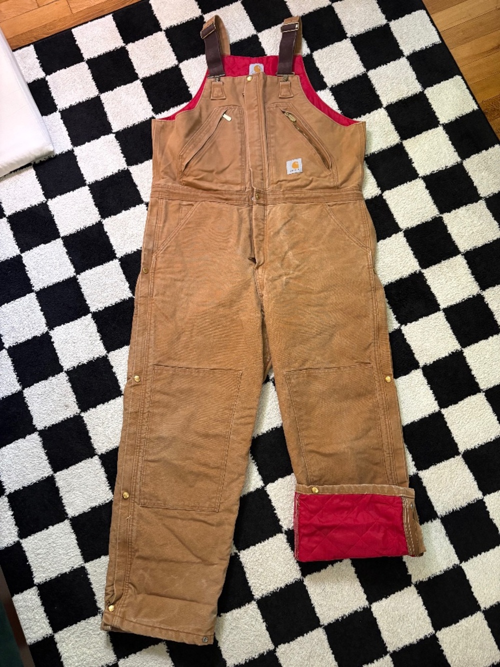Carhartt R38 44x30 Insulated Bib Overalls Tan with Red Quilted Lining